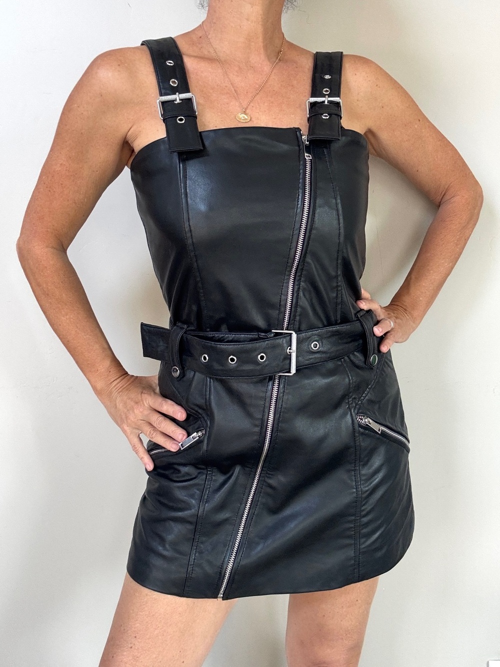 NWT Zara Black lamb Leather Belted zip front motorcycle moto Mini Dress Sz Small